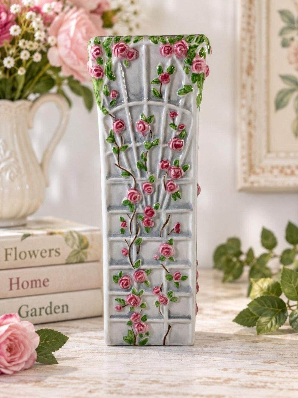 Vintage Hand-Painted Ceramic Rose Trellis Vase 8" Raised Pink Roses Vines White